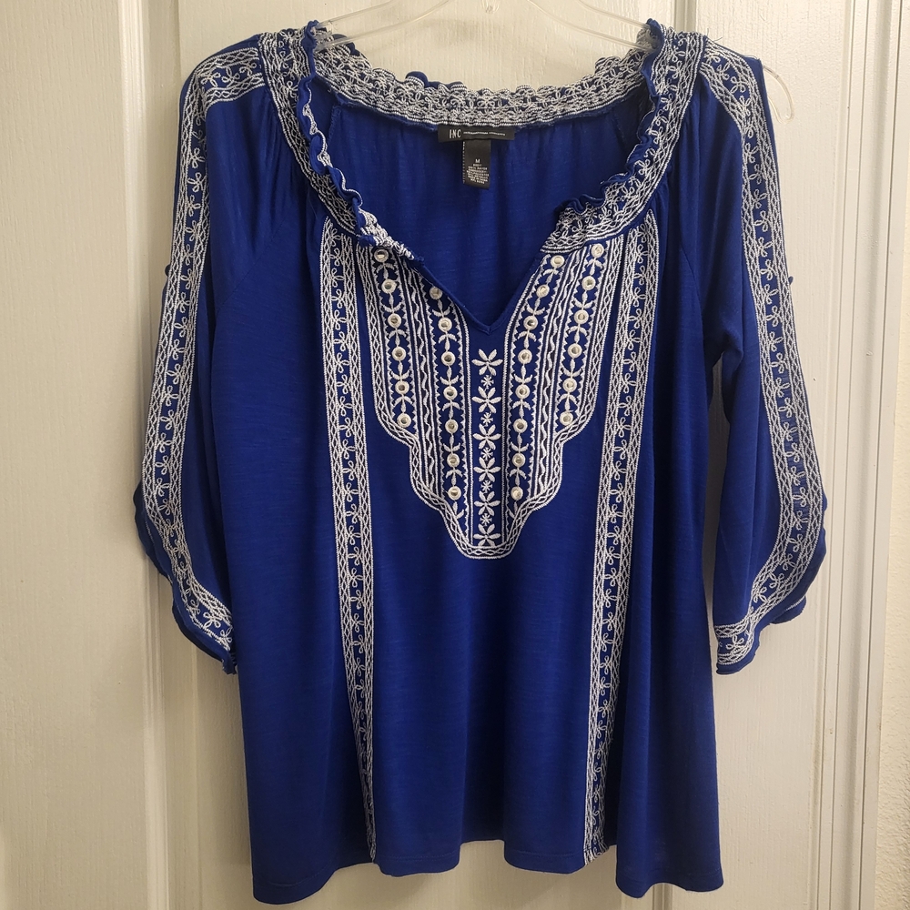 INC Blue Embroidered Boho Top Size M